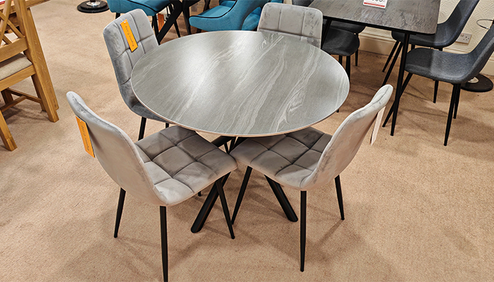 Avesta Grey Round Table & 4 Madison Brushed Grey Velvet Chair